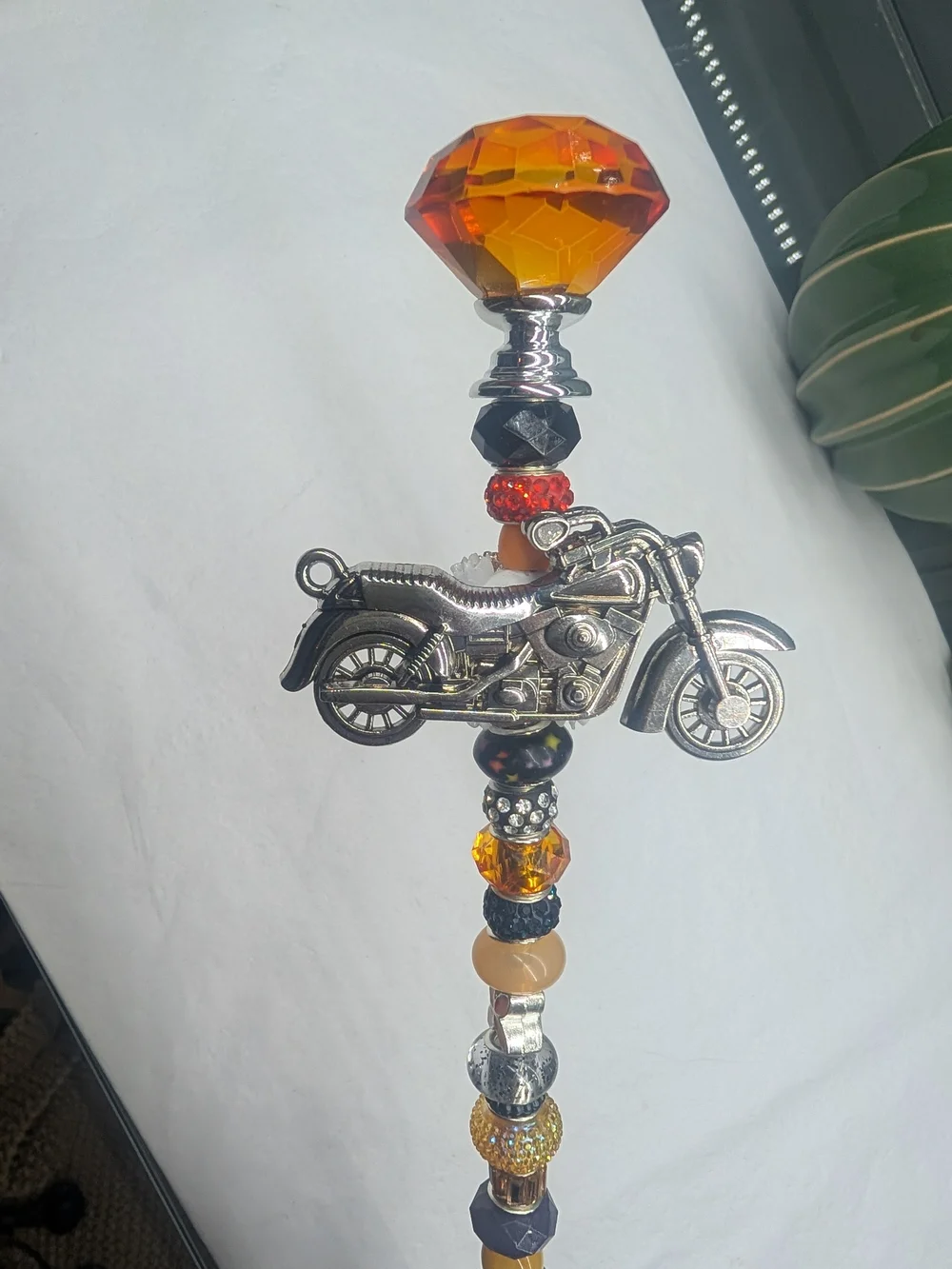 HandMade Fairy Wand/Plant/Garden Stake W/Orange Glass Knob Topper & Motorcycle🏍